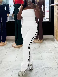 New Fashion Casual Two-Piece Sports Suit for Women, Fitted Regular Length Strapless Top with Flared Pants, Stylish Spring Attire