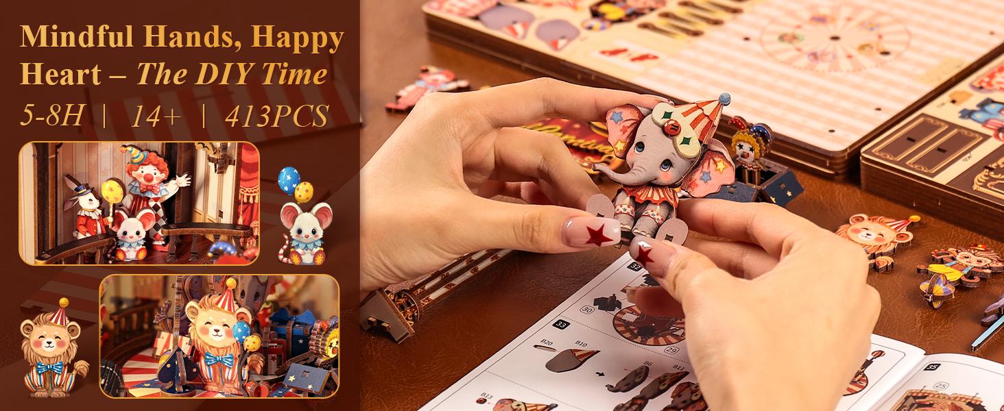 3D Wooden Puzzle Music Box DIY Animal Carnival Theater Kit with LED Light, 413 Pcs Rotating Miniature House Craft Set for Adults, Unique Home Bookshelf Decor, Perfect Birthday & Valentine's Day Gift for Women and Teens