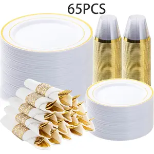 65-Piece Heavyweight Reusable Dinnerware Set, Includes Plates, Dessert Plates, Cups, Perfect for Birthdays, Weddings, Parties, Festival Party Tableware