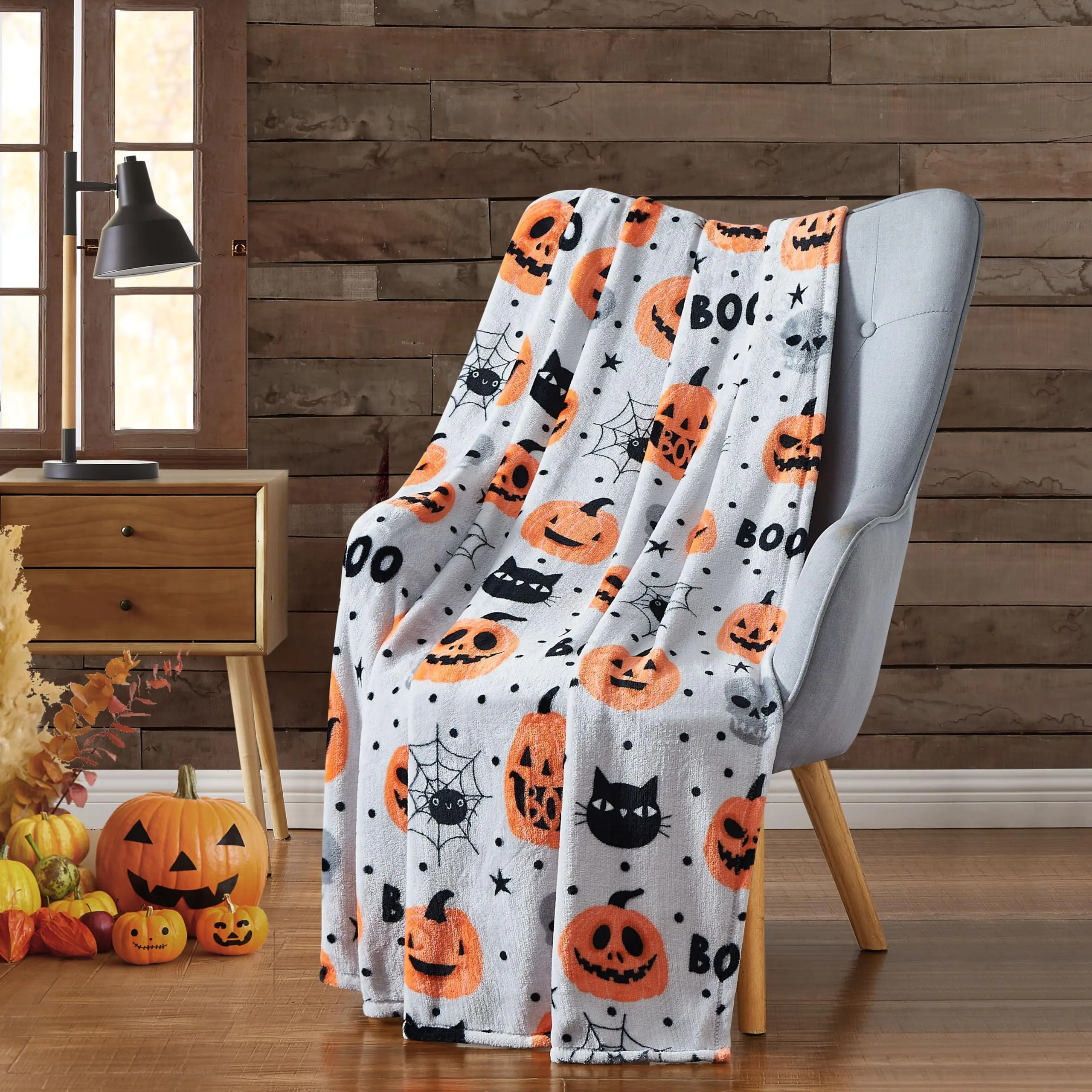 Light Grey Halloween BOO Flannel Throw Blanket with Orange Pumpkins Black Cats & Spiderwebs Cozy Plush for Fall & Winter 50"x60" Standard Throw Couch Cover