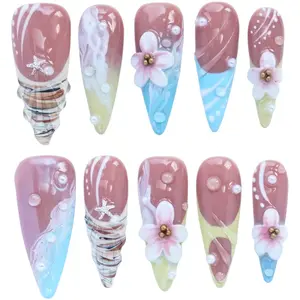 10PCS 3D Mermaid Beach Press-On Nails – Handmade Stiletto Set | Seashell, Flowers & Pearls | Soft Summer Ocean Vibes Pink Gradient Sparkling Nails acrylic  nails nail art removal tool
