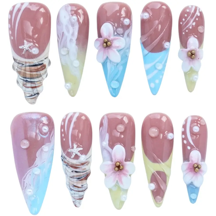 10PCS 3D Mermaid Beach Press-On Nails – Handmade Stiletto Set | Seashell, Flowers & Pearls | Soft Summer Ocean Vibes Pink Gradient Sparkling Nails acrylic  nails nail art removal tool