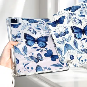 Aesthetic Watercolor Blue Butterfly Tablet Case, Vintage Floral Leaf Print Protective Cover Auto Wake/sleep,Anti-Drop Scratch-Resistant,Transparent Acrylic Back,Fits iPad 7.9/8.3/10.2/10.5/10.9/11/12.9 13 inch,Shock-resistant Full Cover Ideal for Office