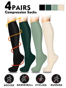Unisex Compression Socks 4-Pack, Sports Running Socks, 20-30 Mmhg Support, Knee-High Design for Running & Athletic Performance, Promotes Blood Circulation