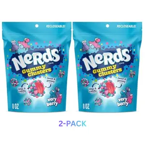 Nerds Gummy Clusters Candy Very Berry Resealable 8 Ounce Bag Pack of 2 Sweet Snack Chewy Crunchy Bonbon Treat