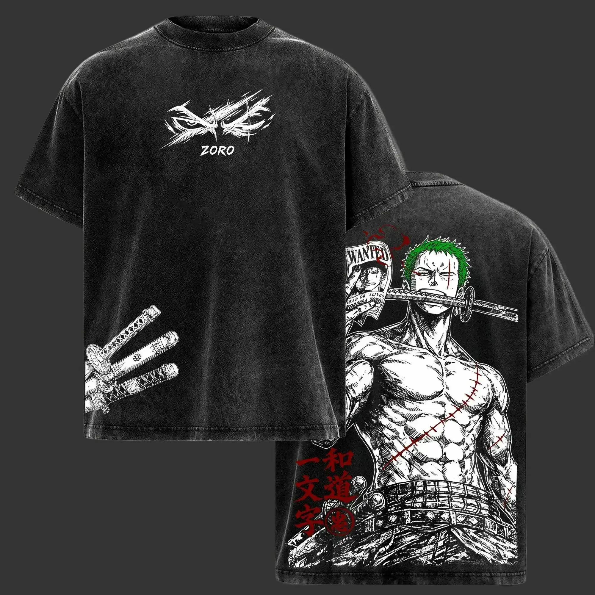 Vintage Zoro Washed Oversized T-Shirt – OP Anime Double Printed Graphic Tee, Retro Anime Streetwear Tee,Three Sword Style Manga Shirt, Anime Streetwear Apparel, Soft Cotton Casual Unisex Top, Gift for Anime Fans