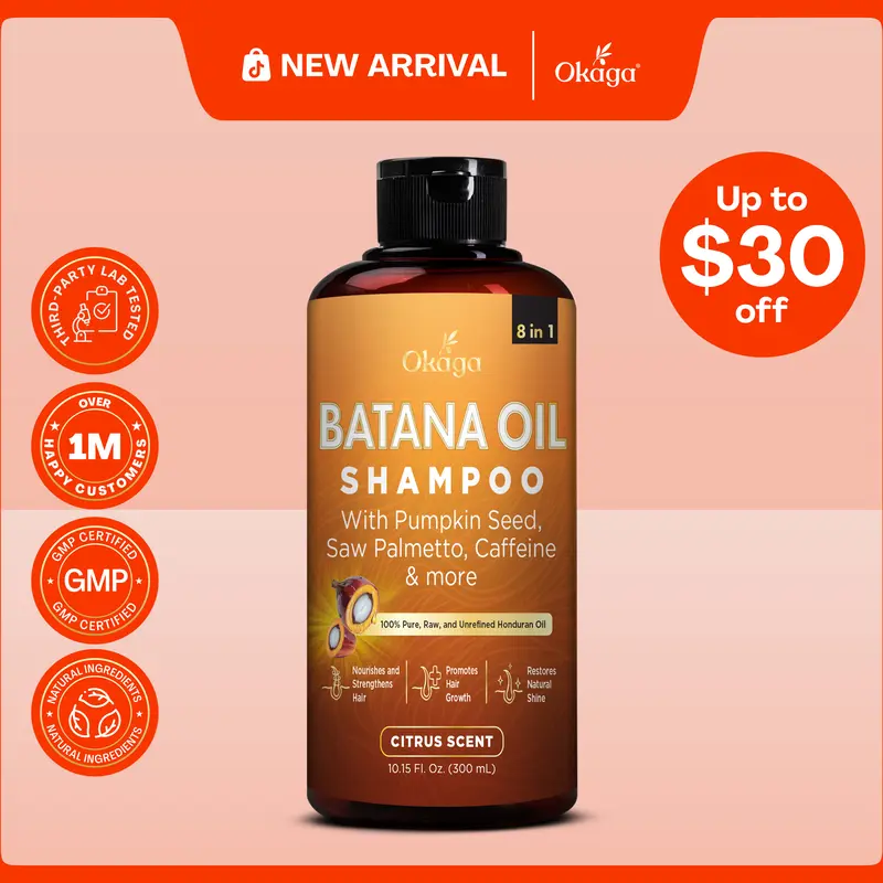 Okaga Batana Oil Shampoo - Support Hair Growth, Strengthening, & Cleansing - 8 in 1 Formula of Natural & Organic Ingredients for Healthy Hair - (300 mL)