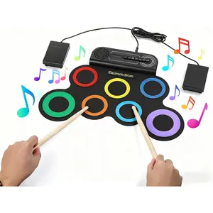 Drum Set, Roll Up Drum Practice Pad Midi Drum Kit with Headphone Jack Built-in Speaker Pedals Sticks 10 Hours (Colorful, 7 Pads)