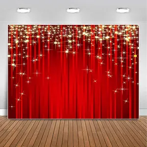 7x5ft Gold Starry Red Photography Backdrop Glitter Golden Star Stripes Background Red Christmas Backdrops for Wedding Birthday Xmas Party Banner Children Portrait Photo Studio Wall Decorations