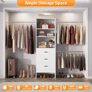 Closet Wardrobe Organizer - 96'' Closet Organizer System with 3 Hanging Rods, 8FT Closet Systems, Wall Mount Bedroom Wardrobe with 3 Wood Drawers, Adjustable Garment Rack from 5 to 8FT