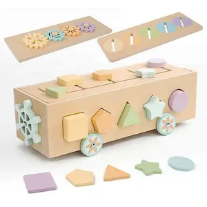 Montessori Shape Sorter Toys- Wooden Shapes & Color Matching Toy with Shape Blocks Coins - Fine Motor Skills Hand-Eye Coordination Early Educational and Sensory Development Storage Bus For Toddlers