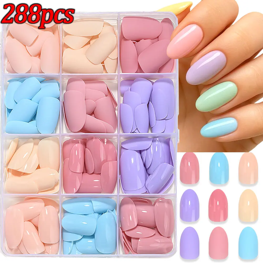 288pcs Matte/Glossy Candy Color Medium Almond Press On Nails Full Cover Dopamine Solid Color False Nails Full Cover Actylic Nail