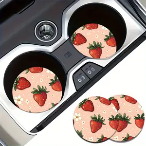 2pcs Strawberry Car Cup Holder Coasters - Vintage Pink Watercolor Fruit Design with Red Strawberries & White Dots, Anti-Slip Spill-Proof Drink Holders for, Fit Ashtray/ Cup Holders, Cute Auto Gift for &, Car Accessories