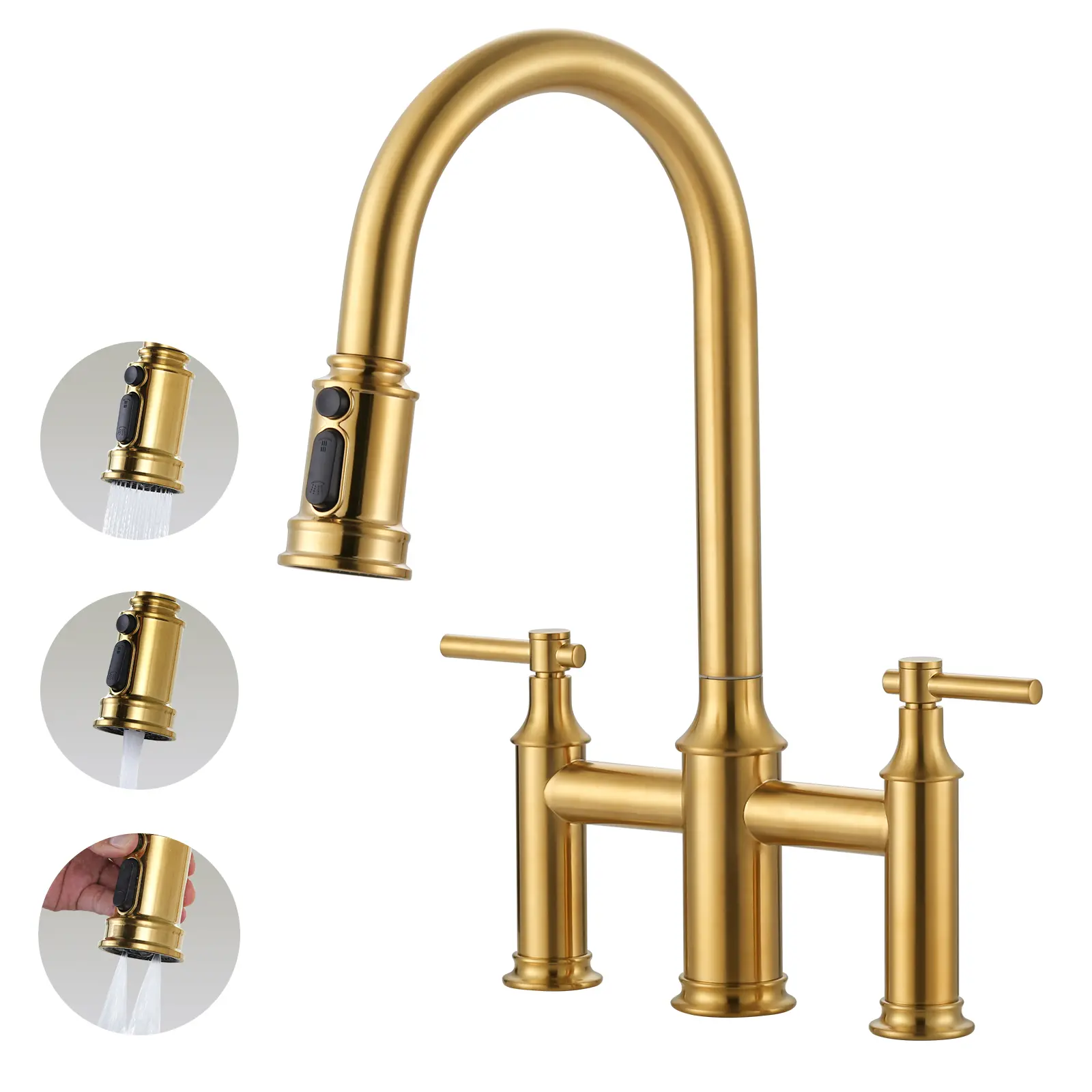 WOWOW 1 or 3 Holes Brass Double Handle Bridge Kitchen Faucet with 3-Mode Pull Down Sprayer and Supply Lines in Gold/Black/Chrome/Nickel/ORB, Durable Multi Purpose