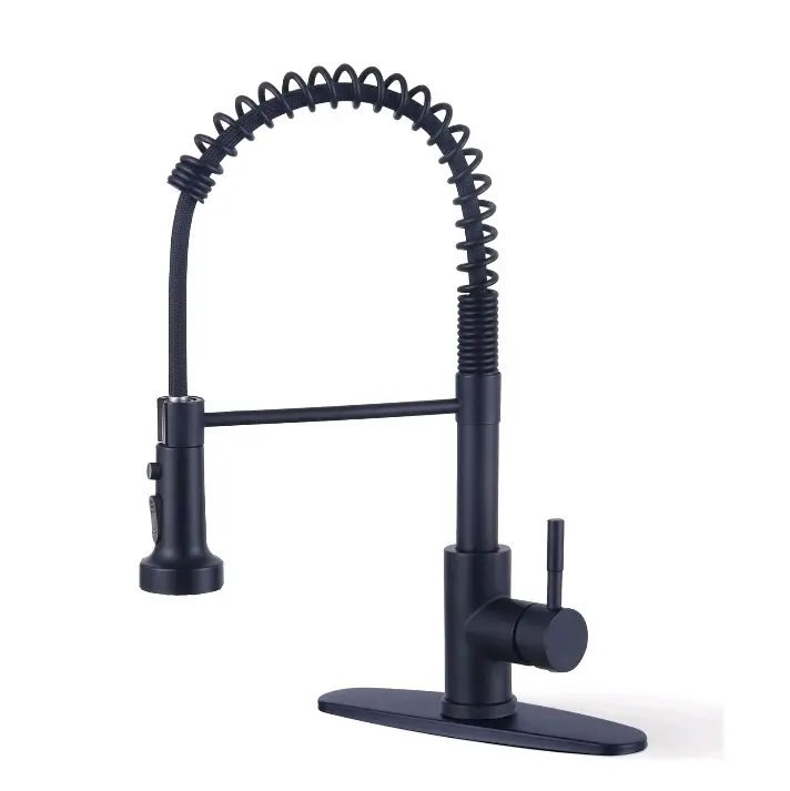 Black Stainless Steel Single-Handle Kitchen Faucet - 1.8 GPM High Pressure Multi-Function Front Mount Tap with Pull-Out Sprayer, Ceramic Cartridge, Flexible Extension Tube, 10'' Deck Plate for 1 or 3 Holes, Easy to Install, Easy To Install Kitchen Taps