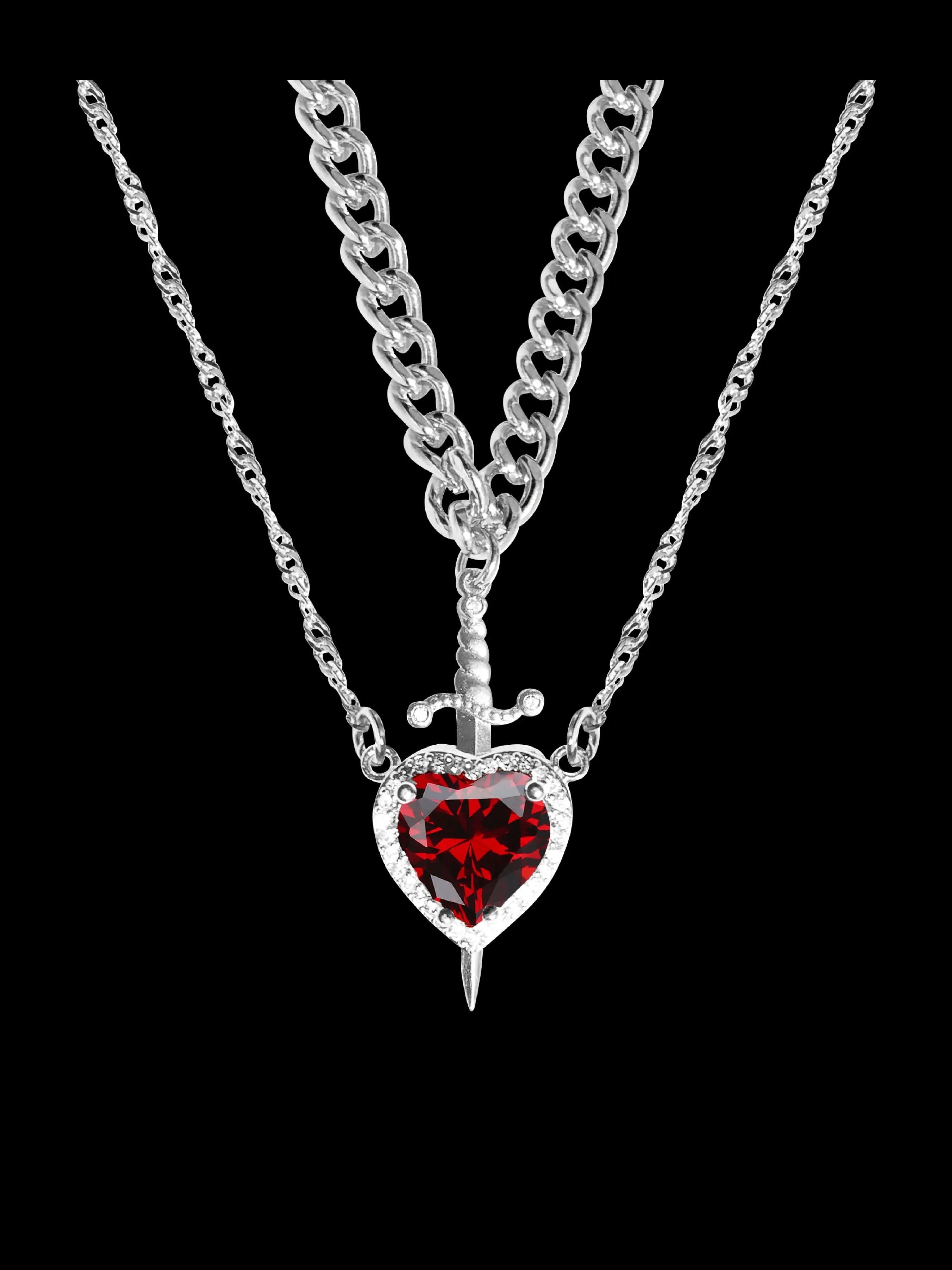 Zircon Heart Dagger Pendant Necklace Set, Heart Shaped Necklace, Detachable Dual Layer Design, Fashionable Luxury Jewelry for Special Occasions