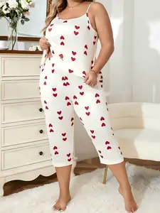 Women's Summer Sleeveless Spaghetti Leopard Heart Print Pattern Pajama Pjs Sleepwear Set, Casual Homewear Design, Comfortable, Breathable, Lightweight & Stylish Loungewear