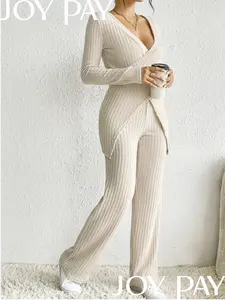 Plus Size Women's Ribbed Knit Lounge Set Casual V-Neck Top and Flared Pants