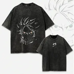 Unisex Couple T-shirts Graphic Gift Valentine Shirts  Natsu Fairy Tail Tee – Washed Oversized Double Sided Anime Graphic Shirt Y2K Streetwear Graphic Tee