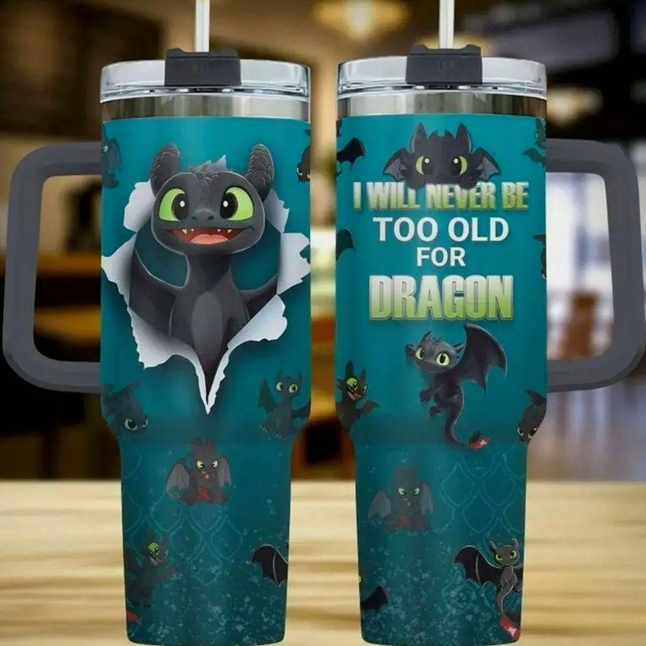 Dragon Rider 40oz Tumbler with Handle, Night Fury Inspired Dragon Print Travel Mug, Fantasy Fan Gift