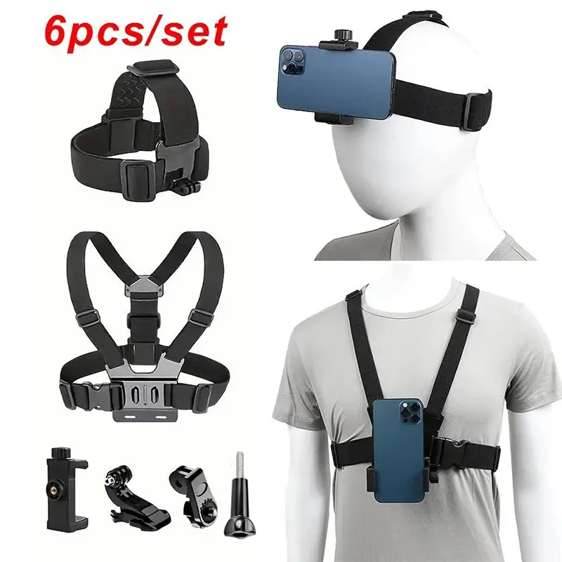 6 in1 Action Camera Kit Mobile Phone Head Strap Chest Strap Mount Adjustable for GoPro13 12 9Phone Enhanced Stability Versatility Photography Sports Camera Accessories