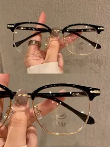 Luxury Retro Semi-Rimless Blue Light Blocking Glasses,Anti-Eye Strain UV400 Clear Lens, Classic Black Gold Half Frame Fake Fashion Glasses Daily Wear.High Quality Fashion Fake Lens Accessory.Classic Black Gold Half Frame Fashion Glasses Gift for Students.