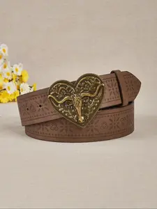 Women's Vintage Western Bullhead Brass Metal Buckle Belt, Western Cowboy Belt, 2024 New Style Fashion Heart Decor Belt for Jeans & Dress, Casual Cowgirls Waistband for Daily Use