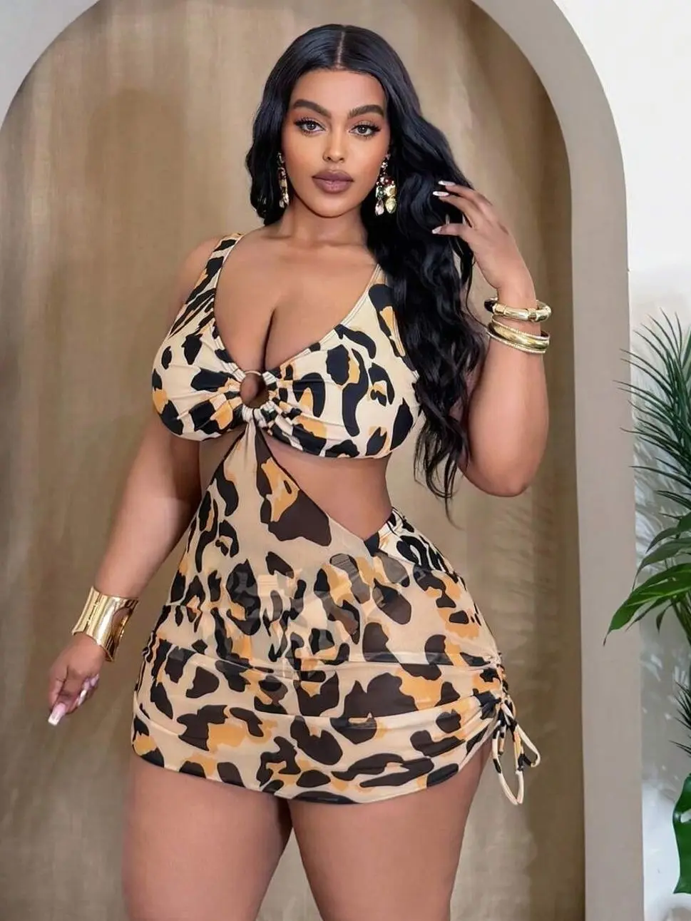 Plus Size Leopard Print Bikini - Halter Top with Mesh Bottoms Beachwear