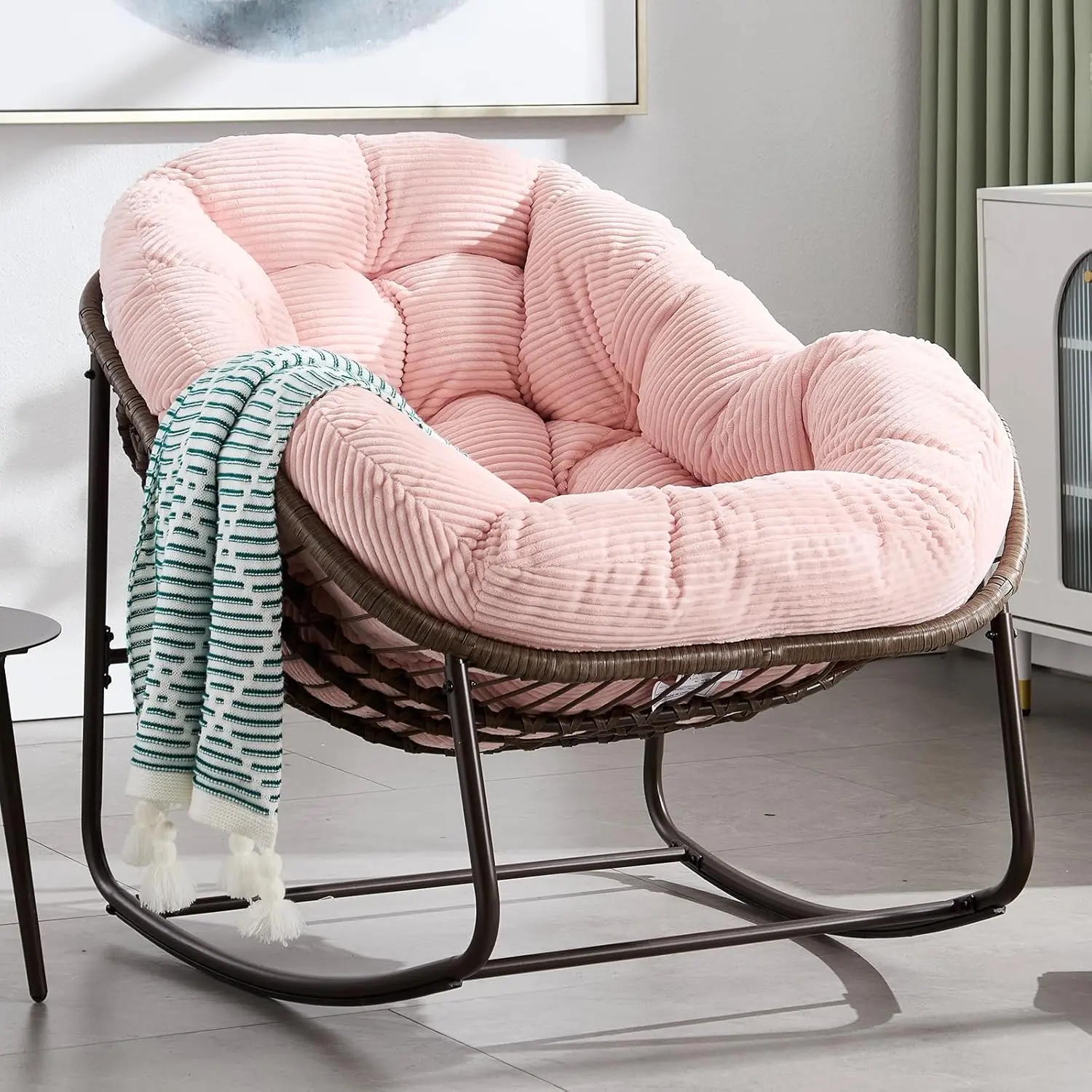 Oversized Outdoor Rocking Chair, Rattan Papasan Chair, Indoor Egg Rocker with Thick Cushion, Large Patio Glider Rocker for Garden, Living Room (Pink Velvet)