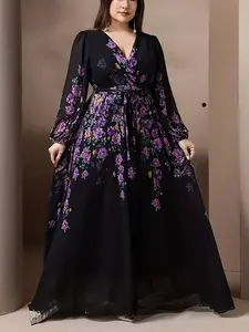 Elegant Floral Chiffon Long Dress, Long Sleeves, Vintage Style, Romantic and Sophisticated, Bohemian Flare, Plus Size, Perfect for Women