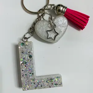White Glitter Resin letter “L” Keychain
