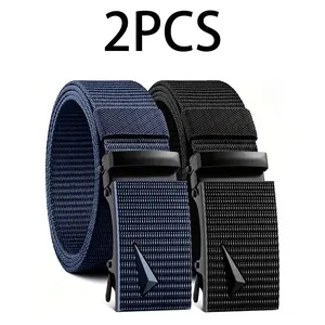 2 PCS Men's Lightweight Breathable Elastic Outdoor Work Casual Girdle, Minimalist Ratchet Nylon Belt, Size Up To 49 Inches, Trim To Fit, No-Hole Design, Waist Band With Durable Square Automatic Buckle, Easy To Adjust, Versatile Accessories, Perfect Gift
