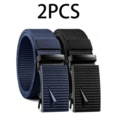 Men's Nylon Ratchet Belts (2pcs Navy Blue+Black) - Men's Accessories, Lightweight Breathable Elastic, No-Hole Design, 49in Max, Trim-To-Fit, Durable Square Automatic Buckle, Fray-Resist Tail, Easy-Adjust DIY Bag Accessory for Outdoor Use, Father’s Day