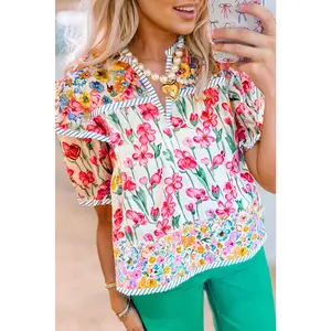 Pink Floral Print Striped Detail Split Neck Short Sleeve Blouse