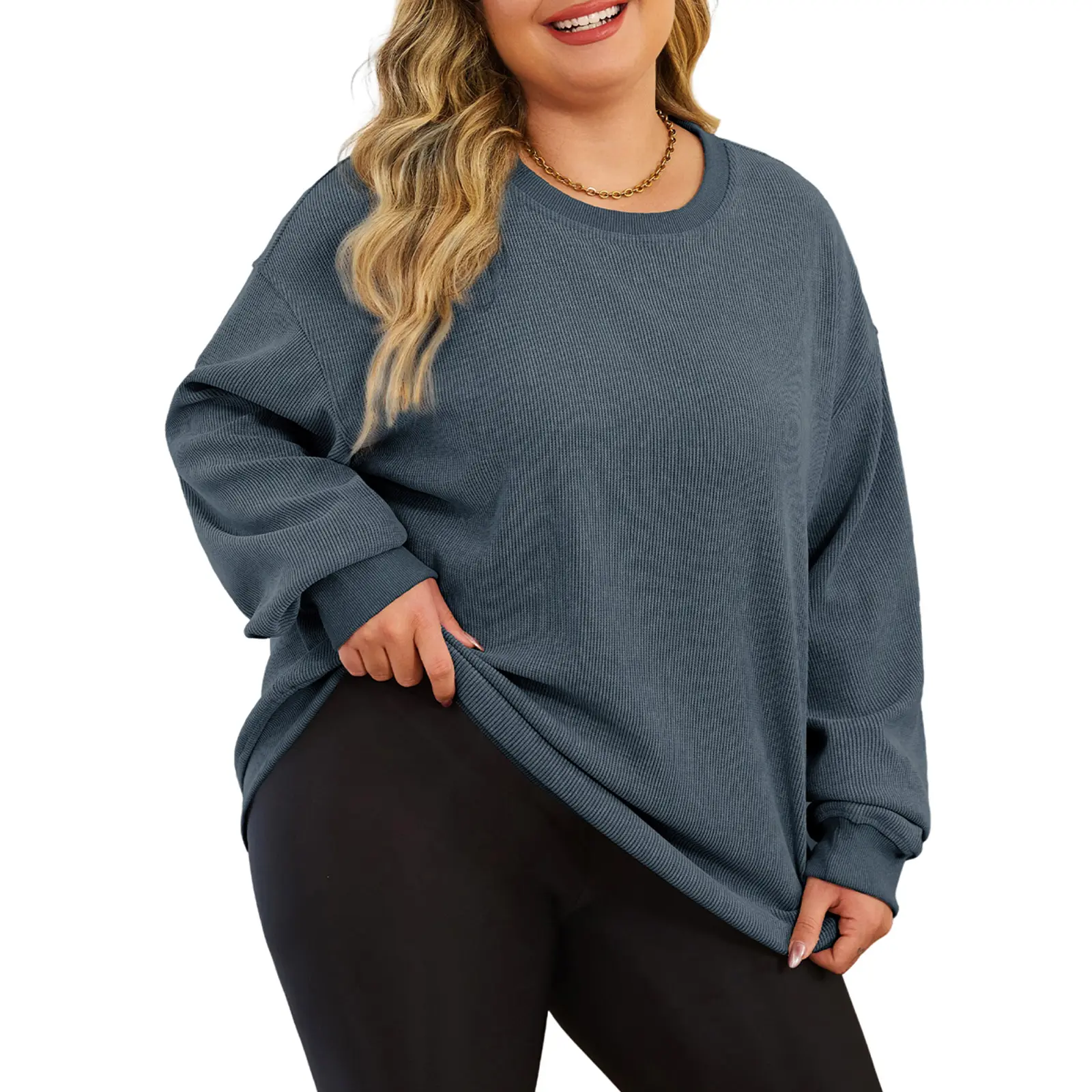 Eytino Women Plus Size Rib Knit Sweatshirts Long Sleeve Crew Neck Casual Oversized Soft Pullover Tops Shirts(1X-5X)