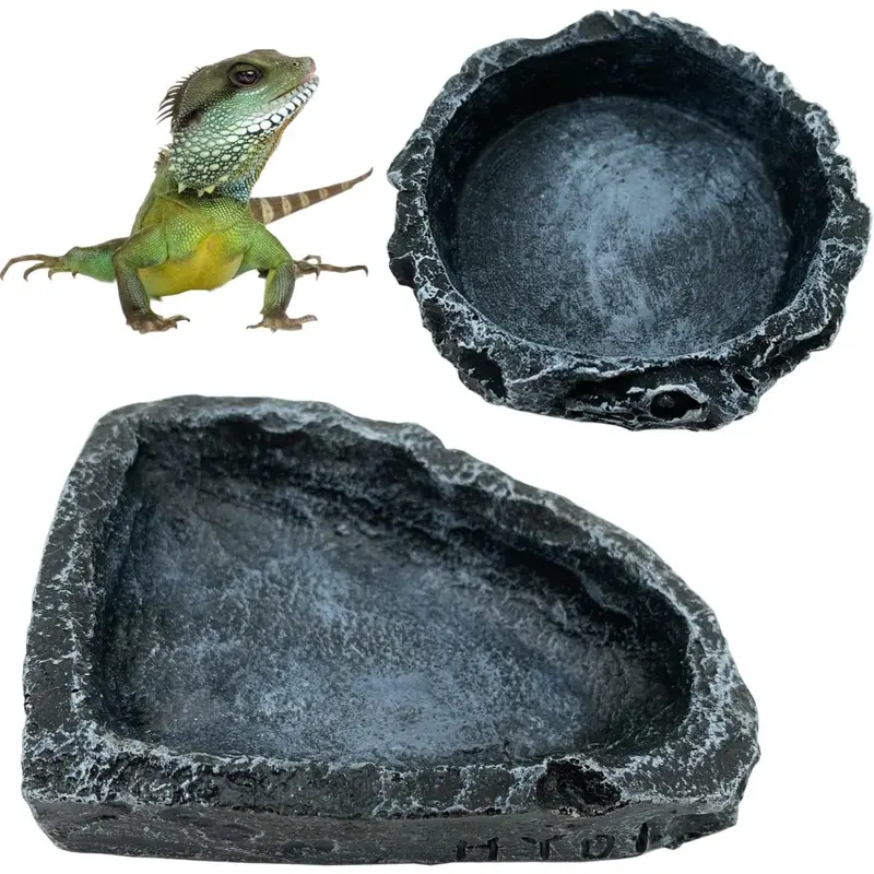 2-Pack Corner Rock Reptile Feeder Bowls - Food+Water Split, Wipe-Ready, Gecko & Tortoise Fit, Rock-Match Decor, Terrarium Supplies for Home Improvement Building Accessories