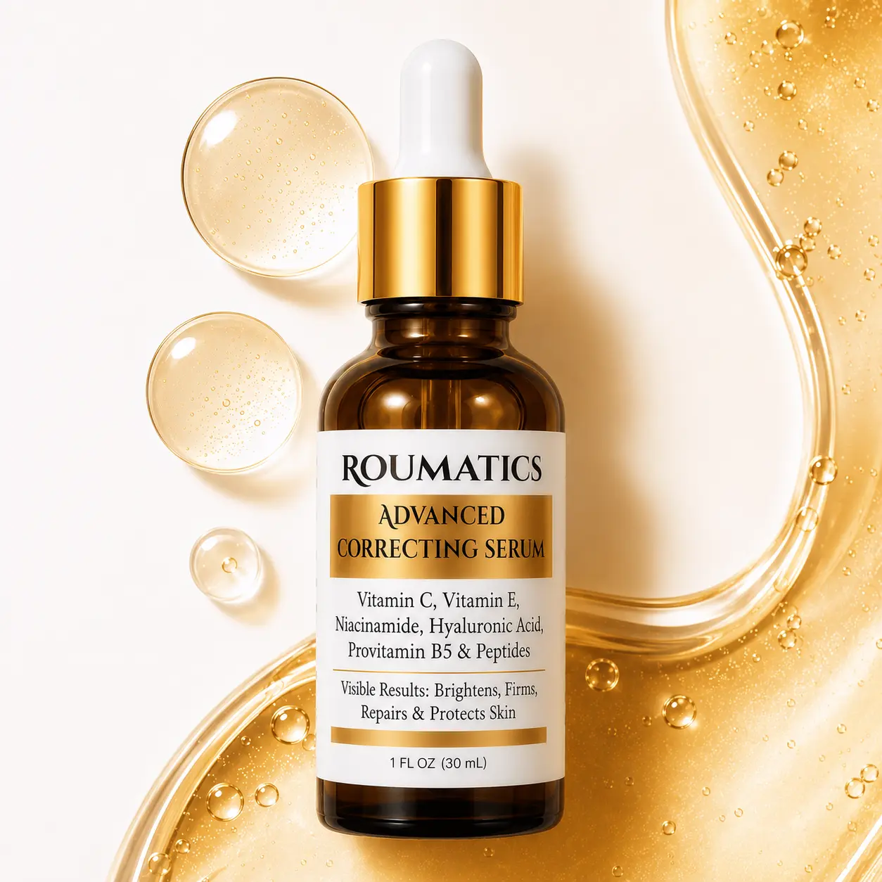 ROUMATICS Advanced Correcting Serum with Vitamin C, E, Niacinamide, Hyaluronic Acid, Provitamin B5, & Peptides | RS-01 Peptide Technology for Fine Lines, Wrinkles, Dark Spots, Firmness & Discoloration.