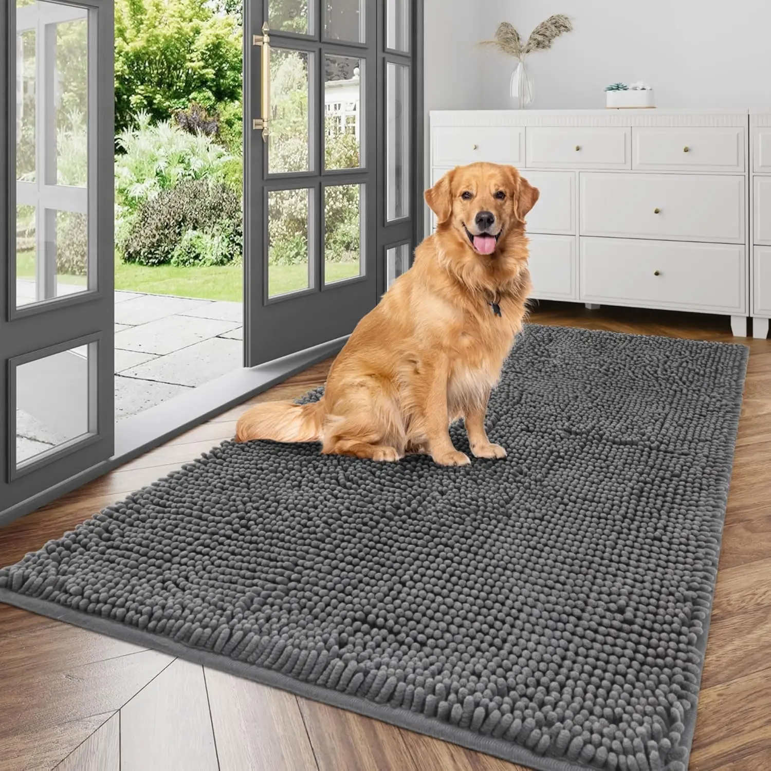 Ultra Absorbent  Door Mat for Muddy Paws, 48" x 36" Chenille Mud Mat for Dogs, Quick Dry,  Dirt Non-Slip Machine Washable Entry Rug for Indoor Outdoor Entrance, Dark Grey