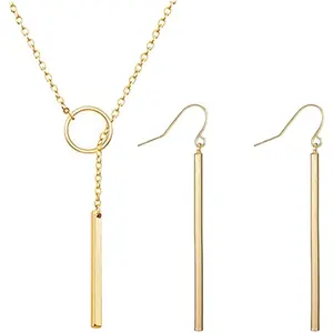 Minimal Dainty  Dangle Earrings Layered Bar Pendant Neckalce Gold Long Y-Necklace Gold Earrings and Necklaces Set Delicate Lariat Chain  for Women