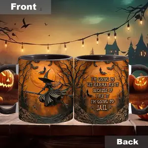 BNB I'm Going To Let Karma Fix It Coffee Mug – Funny Halloween Quote Cup – Spooky Season Black Ceramic Mug – Because If I Fix It I’m Going To Jail – Unique Fall Gift Idea