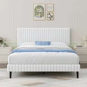 Trendy Minimalist Velvet Bed Frame with Adjustable Headboard & Footboard, Vertical Tufted Design, White - Twin/Full/Queen/King Size for Young Adults