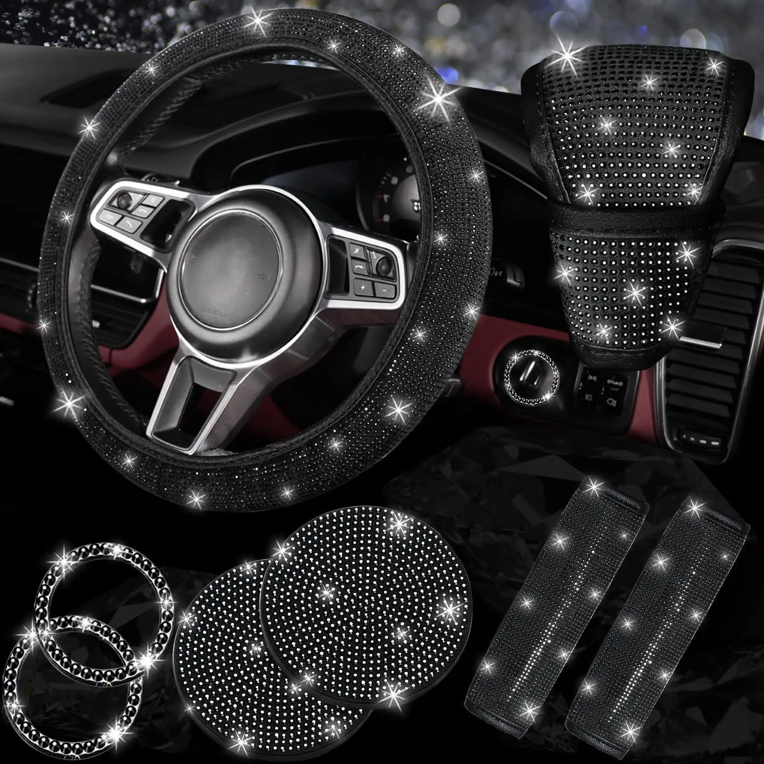 Women's 8Pcs Sparkly Rhinestones Car Interior Accessories Set - Black Diamond Steering Wheel Cover, Seat Belt Cushion, Shift Knob Cover, Cup Holder Coasters, Easy Installation, Fashionable and Luxurious Perfect Gift for Family (Home Improvement)