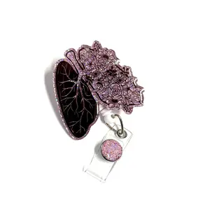 Floral Lung Badge Reel Pink, Retractable Swivel Alligator Clip, 2”