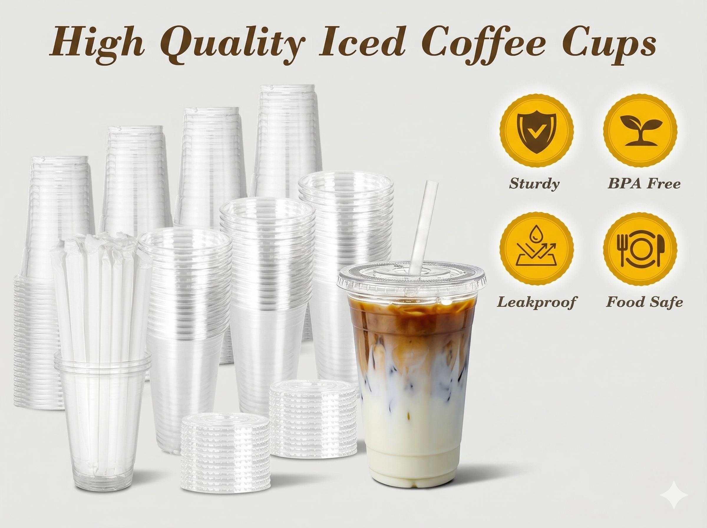 50-Pack 32oz Clear Plastic Iced Coffee Cups with Lids and Straws, Disposable To Go Cups for Smoothies, Milkshake, Cold Beverages, Coffee Bar Accessories