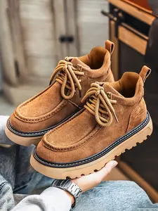 Men's Caramel Suede Platform Work Shoes, Retro Casual Style, Suede Material + Hemp Rope Laces + Platform Non-Slip Sole, Caramel Warm, Retro Style , Ideal for Daily Outfits & Light Outdoor Scenarios
