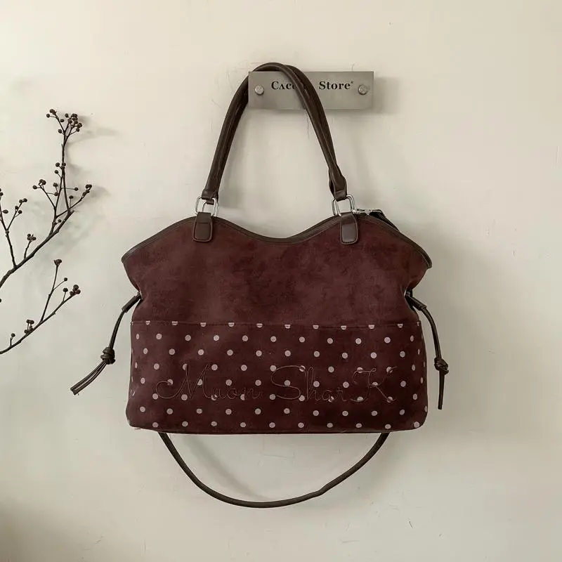 Women's Vintage Polka Dot Hobo Leather Bag - Soft PU Leather Handbags for Women, Embroidered Detail, Large Capacity Casual Shoulder Bag Half Moon Purse