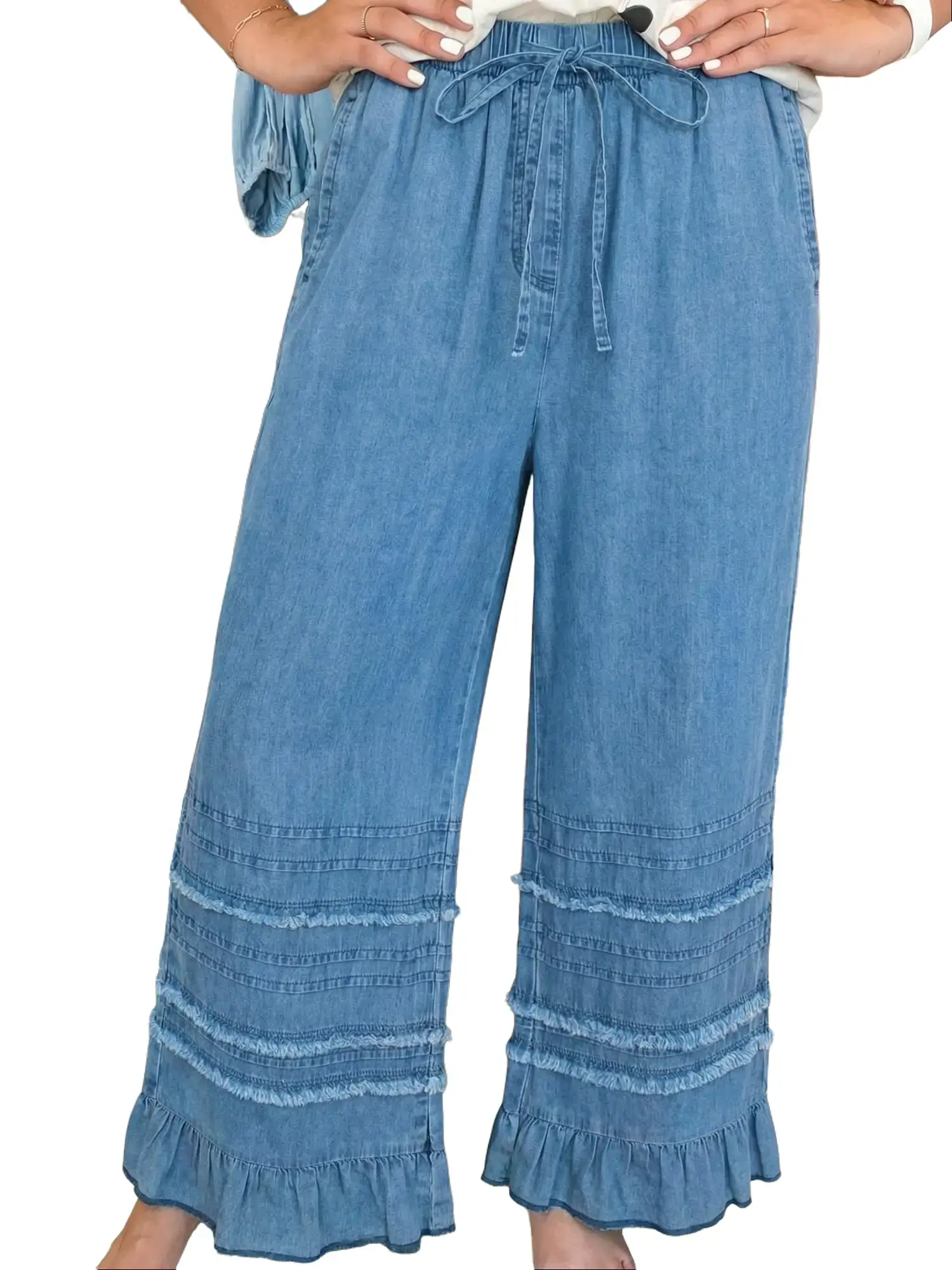Women's 100% Cotton High-Waist Chambray Boho Pants - Pull-On Drawstring, Ruffled Hem, Frayed Detail, Flattering Fit, Lightweight All-Season Style Everyday Casual Bottoms
