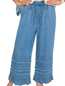 Women's 100% Cotton High-Waisted Chambray Boho Effortless Pants - Pull-On Drawstring Bottoms with Lightweight Fabric, Ruffled Hem, Frayed Detail, Flattering Fit
