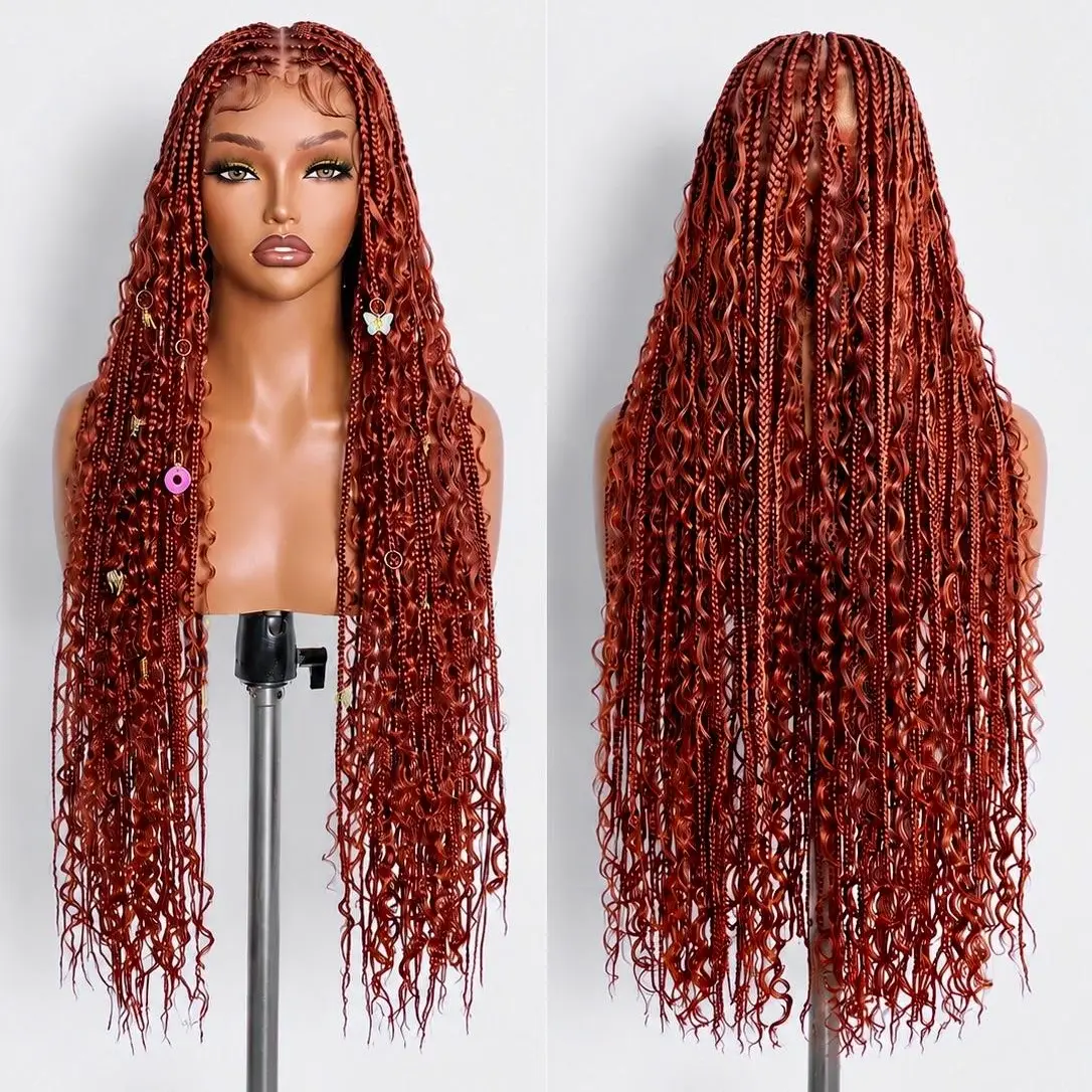Boho Braids Full Lace Wig, 36-Inch Reddish Brown Knotless Style with Curls, Glueless Unisex Premium Faux Fiber Protective Hairstyle, Braids Hairstyles, Protective Hairstyles