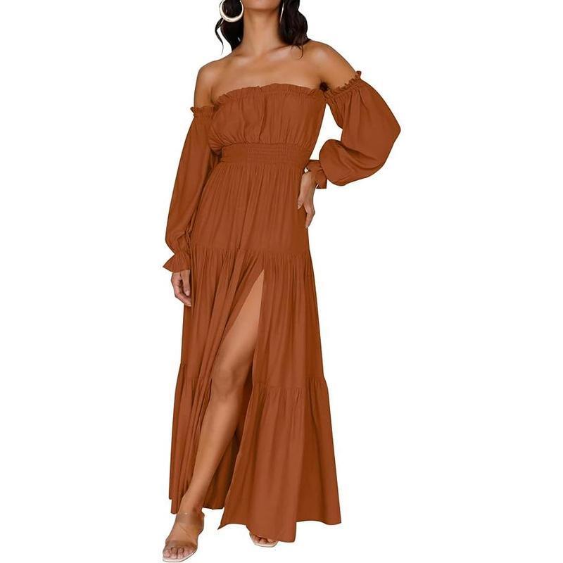 Women's 2025 Boho Sexy Off Shoulder Long Sleeve Smocked High Waist Side Split Flowy A Line Tiered Long Maxi Dress Summer Casual prom dress summer outfits white graduation dress sundress sundress birthday dress  Womenswear Formal summer outfits
